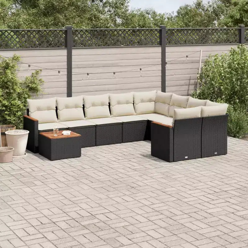 vidaXL 10-teiliges Loungeset mit Kissen Polyrattan Schwarz - Schwarz und Cremeweiß