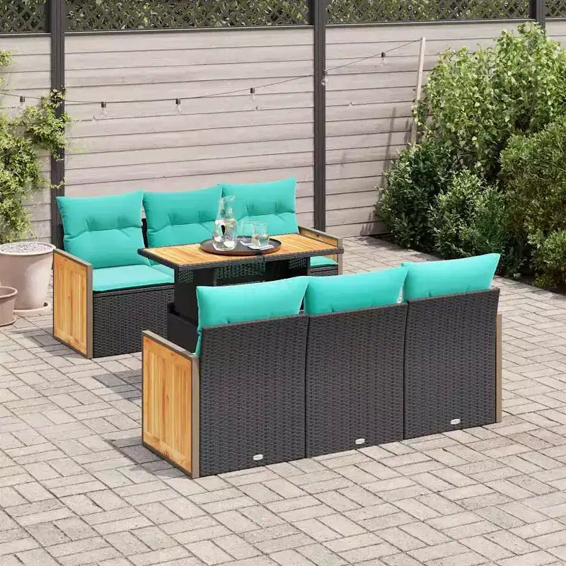 vidaXL 7-teiliges Gartensofa-Set mit Kissen Schwarz Polyrattan Akazie