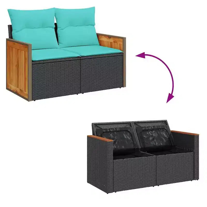 vidaXL 7-teiliges Gartensofa-Set mit Kissen Schwarz Polyrattan Akazie