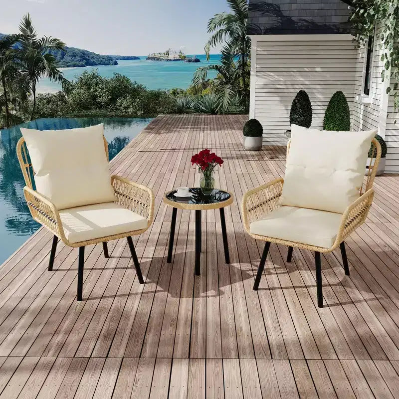 3-Piece PE Rattan Patio Furniture Set Outdoor, Waterproof UV-Resistant Wicker Chairs & Coffee Table, Cushioned Conversation Set for Garden, Balcony