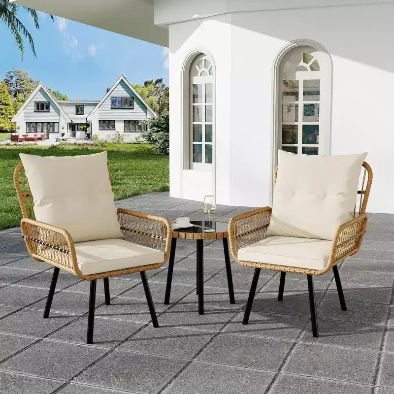 3-teiliges Gartenmöbel-Set aus PE-Rattan, wasserdichte, UV-beständige Korbstühle und Couchtisch, gepolstertes Konversations-Set für Garten, Balkon
