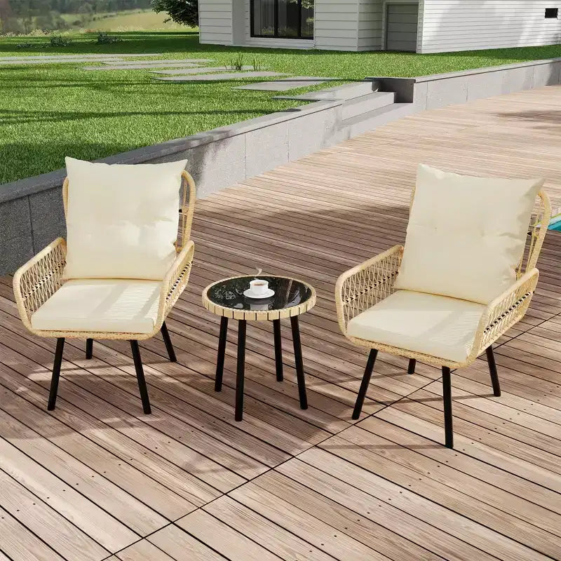 3-teiliges Gartenmöbel-Set aus PE-Rattan, wasserdichte, UV-beständige Korbstühle und Couchtisch, gepolstertes Konversations-Set für Garten, Balkon