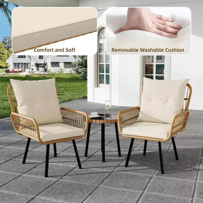 3-teiliges Gartenmöbel-Set aus PE-Rattan, wasserdichte, UV-beständige Korbstühle und Couchtisch, gepolstertes Konversations-Set für Garten, Balkon