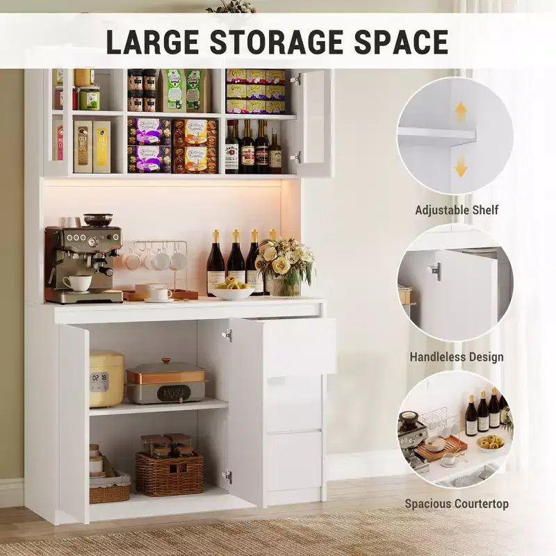 71 Großer Küchenschrank mit Glastür, Küchenbuffet mit LED-Beleuchtung und Steckdosen, Mikrowellenständer, griffloses Design
