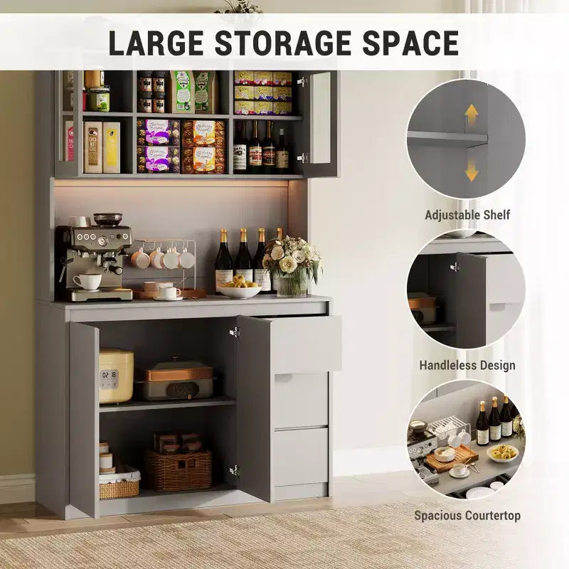71 Großer Küchenschrank mit Glastür, Küchenbuffet mit LED-Beleuchtung und Steckdosen, Mikrowellenständer, griffloses Design