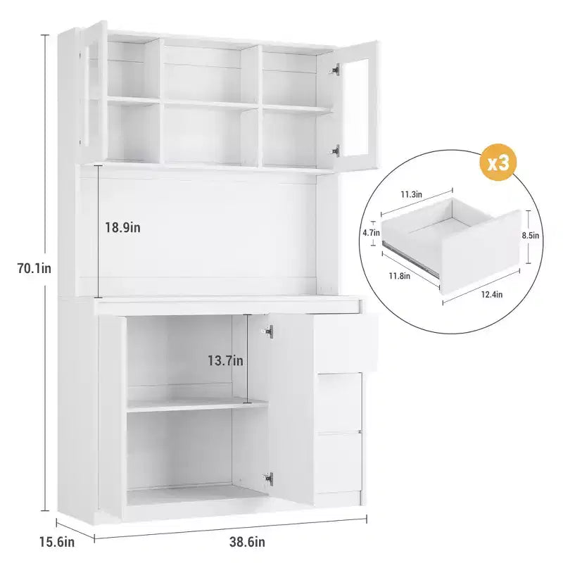 71 Großer Küchenschrank mit Glastür, Küchenbuffet mit LED-Beleuchtung und Steckdosen, Mikrowellenständer, griffloses Design