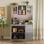 71 Tall Kitchen Pantry Cabinet with Glass Door, Kitchen Storage Hutch with Led Lights and Power Outlets, Microwave Stand, Handless Design