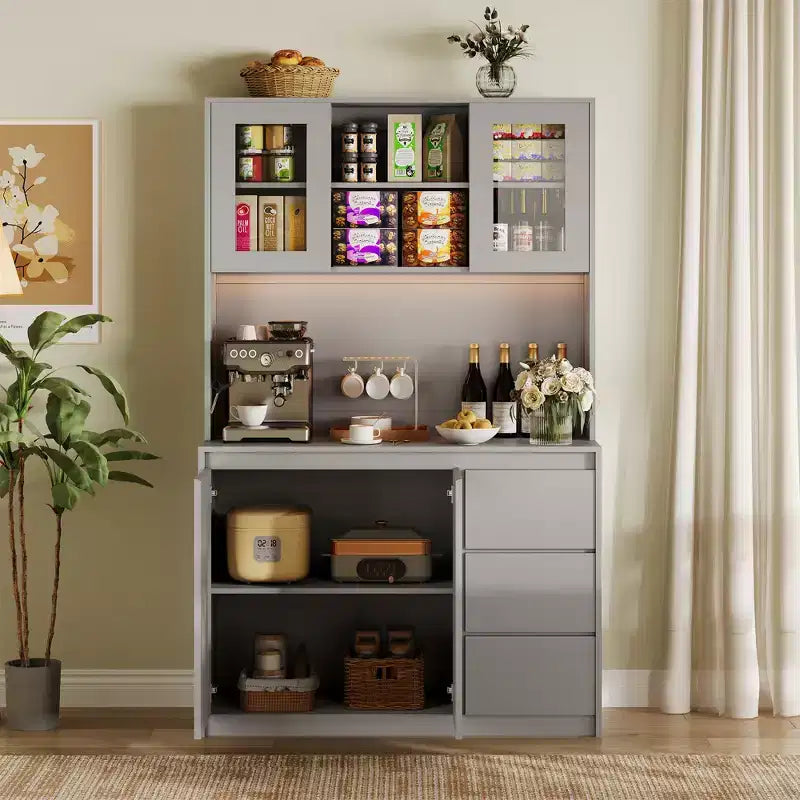71 Tall Kitchen Pantry Cabinet with Glass Door, Kitchen Storage Hutch with Led Lights and Power Outlets, Microwave Stand, Handless Design
