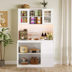 71 Großer Küchenschrank mit Glastür, Küchenbuffet mit LED-Beleuchtung und Steckdosen, Mikrowellenständer, griffloses Design