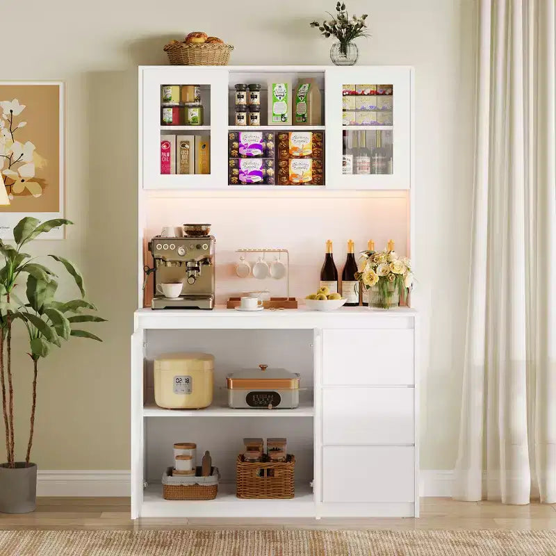 71 Großer Küchenschrank mit Glastür, Küchenbuffet mit LED-Beleuchtung und Steckdosen, Mikrowellenständer, griffloses Design