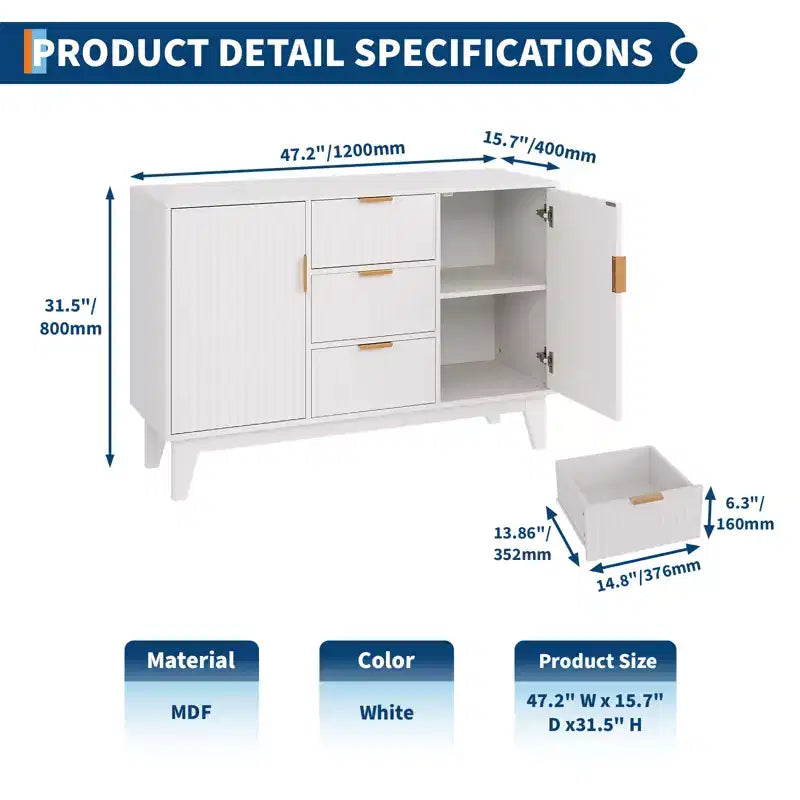 CuisinSmart 47.2 Modernes geriffeltes Sideboard-Buffetschrank, Holzschrank mit 3 Schubladen, 2 Türen & verstellbaren Einlegeböden für Wohnzimmer Küche