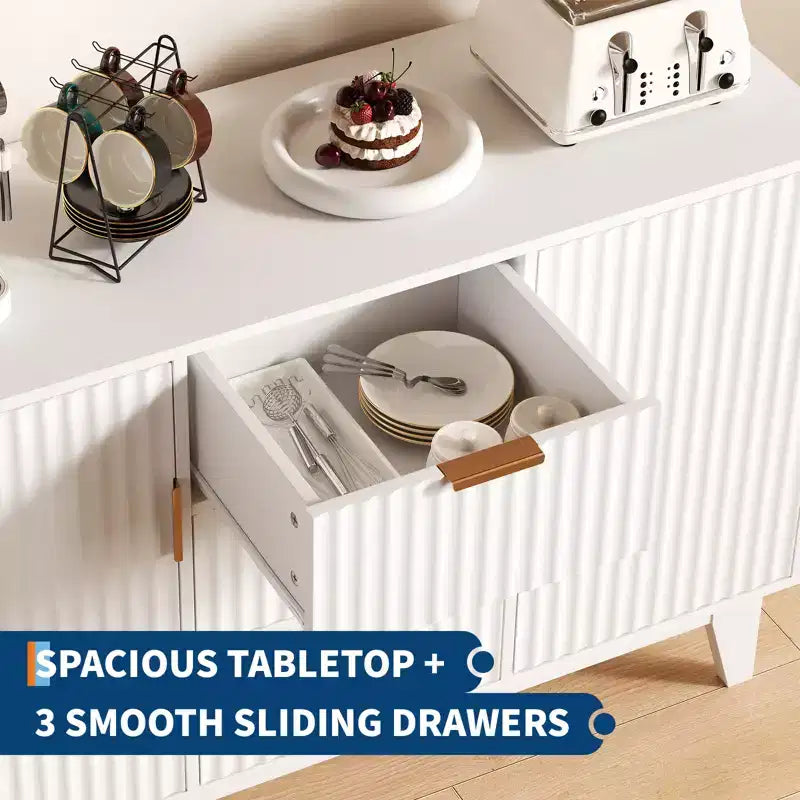 CuisinSmart 47.2 Modernes geriffeltes Sideboard-Buffetschrank, Holzschrank mit 3 Schubladen, 2 Türen & verstellbaren Einlegeböden für Wohnzimmer Küche