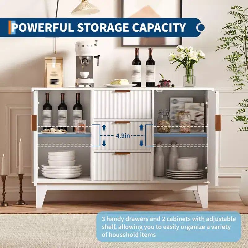 CuisinSmart 47.2 Modernes geriffeltes Sideboard-Buffetschrank, Holzschrank mit 3 Schubladen, 2 Türen & verstellbaren Einlegeböden für Wohnzimmer Küche