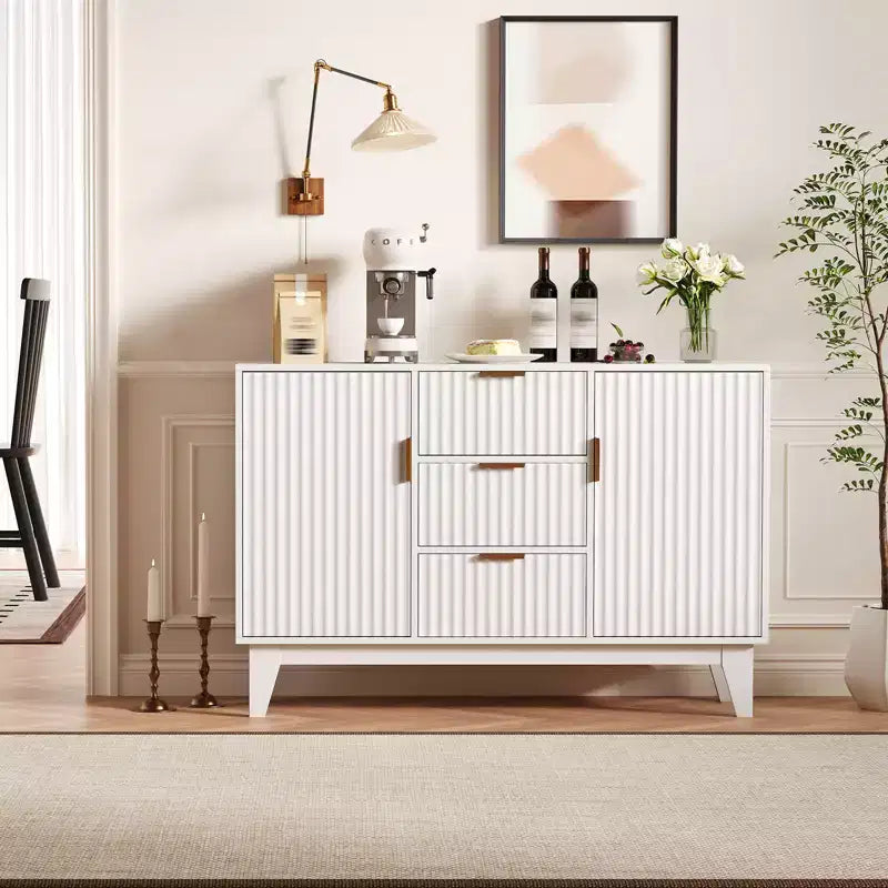 CuisinSmart 47.2 Modernes geriffeltes Sideboard-Buffetschrank, Holzschrank mit 3 Schubladen, 2 Türen & verstellbaren Einlegeböden für Wohnzimmer Küche