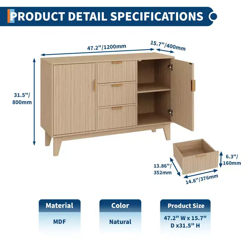 CuisinSmart 47.2 Modernes geriffeltes Sideboard-Buffetschrank, Holzschrank mit 3 Schubladen, 2 Türen & verstellbaren Einlegeböden für Wohnzimmer Küche