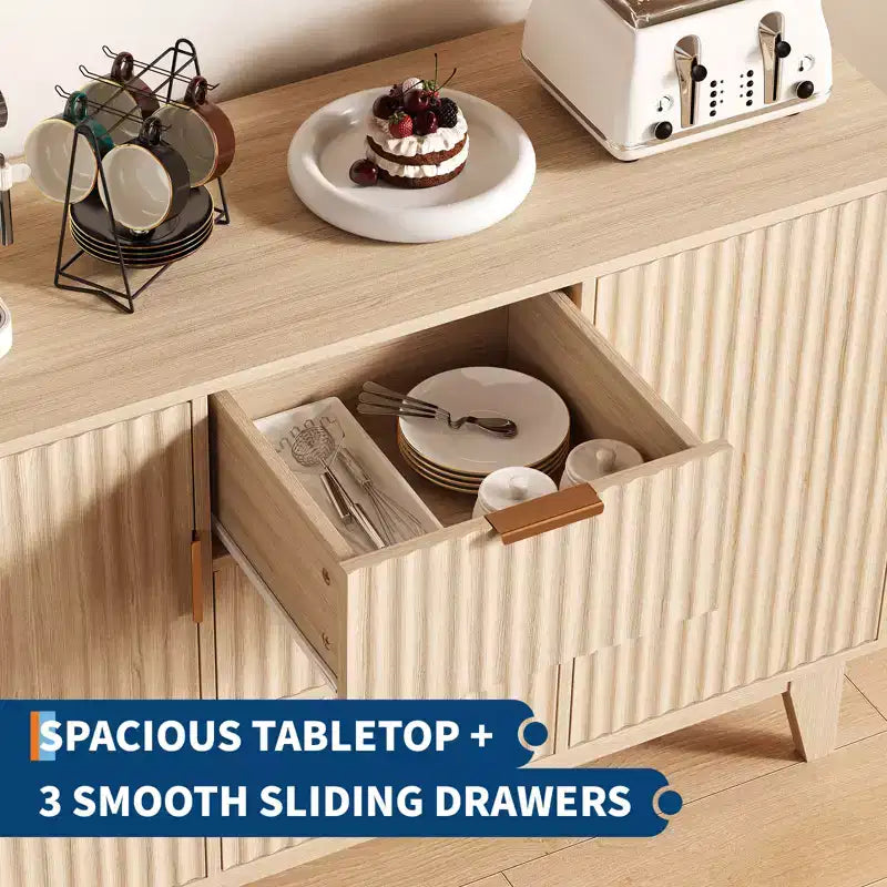 CuisinSmart 47.2 Modernes geriffeltes Sideboard-Buffetschrank, Holzschrank mit 3 Schubladen, 2 Türen & verstellbaren Einlegeböden für Wohnzimmer Küche
