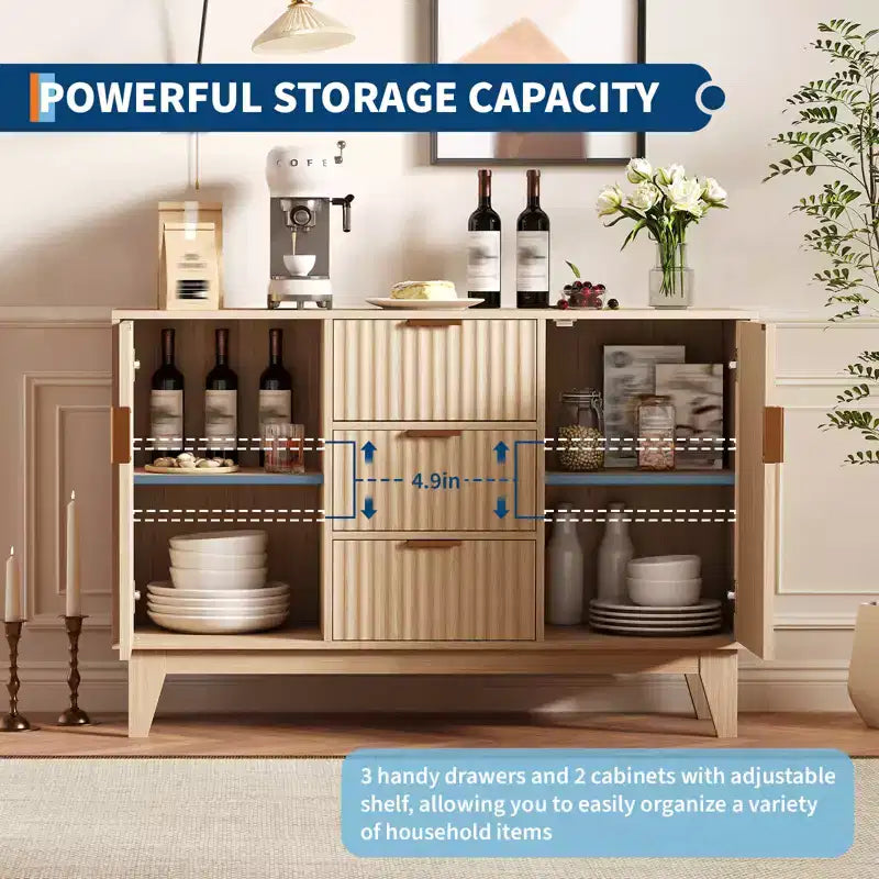 CuisinSmart 47.2 Modernes geriffeltes Sideboard-Buffetschrank, Holzschrank mit 3 Schubladen, 2 Türen & verstellbaren Einlegeböden für Wohnzimmer Küche