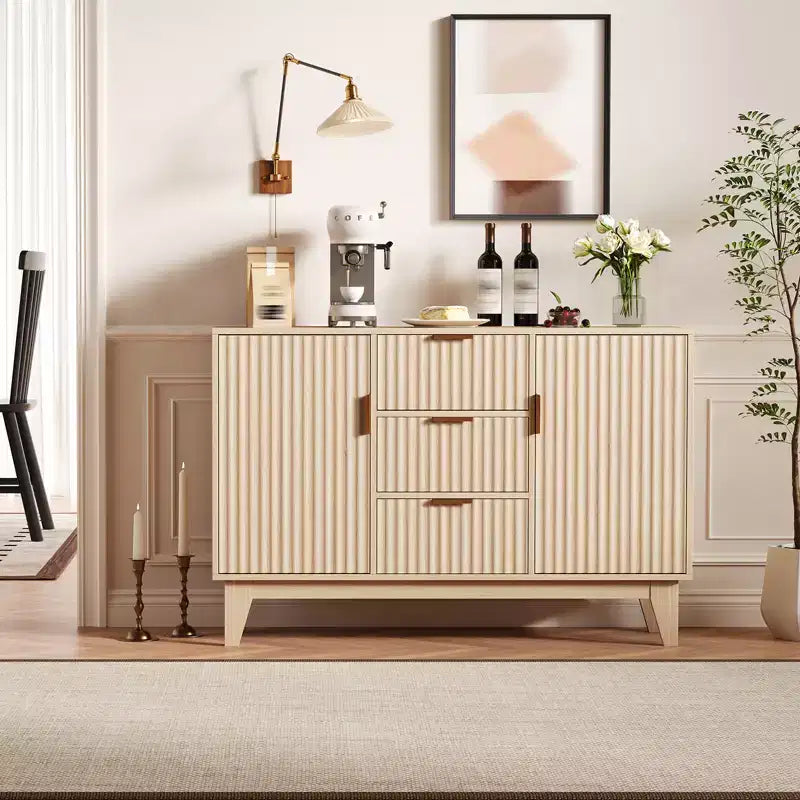 CuisinSmart 47.2 Modernes geriffeltes Sideboard-Buffetschrank, Holzschrank mit 3 Schubladen, 2 Türen & verstellbaren Einlegeböden für Wohnzimmer Küche