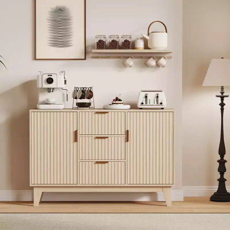 CuisinSmart 47.2 Modernes geriffeltes Sideboard-Buffetschrank, Holzschrank mit 3 Schubladen, 2 Türen & verstellbaren Einlegeböden für Wohnzimmer Küche