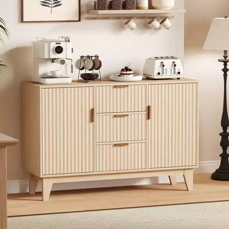 CuisinSmart 47.2 Modern Fluted Sideboard Buffet Cabinet, Wooden Storage Cabinet with 3 Drawers, 2 Doors & Adjustable Shelves for Living Room Kitchen