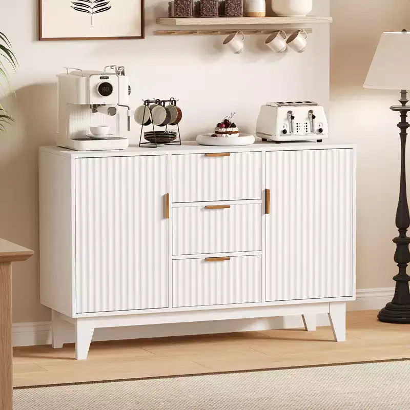 CuisinSmart 47.2 Modernes geriffeltes Sideboard-Buffetschrank, Holzschrank mit 3 Schubladen, 2 Türen & verstellbaren Einlegeböden für Wohnzimmer Küche