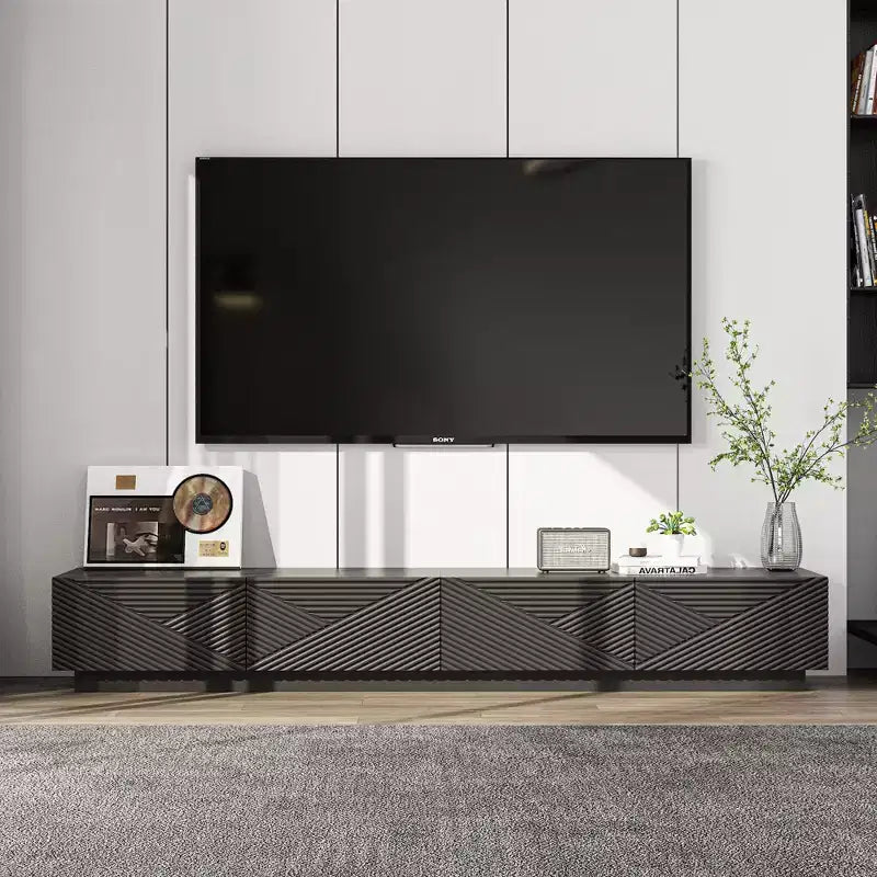 Famapy Black Geometric - Patterned TV Stand for 78 Inch TVs,Modern Entertainment Center with Lift - Up Doors, Storage Cabinets for Your Living Room