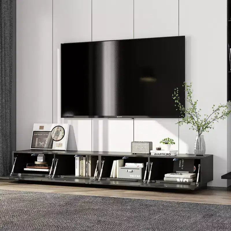 Famapy Schwarzes geometrisches gemustertes TV-Möbel für 78-Zoll-Fernseher, modernes Unterhaltungszentrum mit aufklappbaren Türen, Aufbewahrungsschränke für Ihr Wohnzimmer