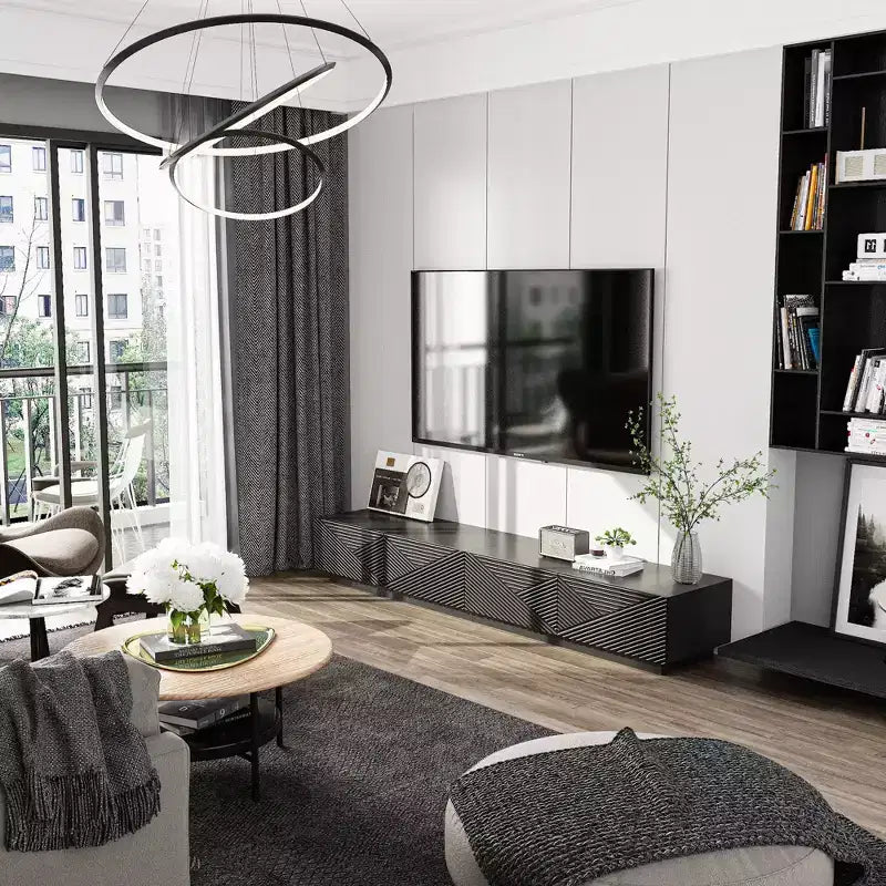Famapy Schwarzes geometrisches gemustertes TV-Möbel für 78-Zoll-Fernseher, modernes Unterhaltungszentrum mit aufklappbaren Türen, Aufbewahrungsschränke für Ihr Wohnzimmer
