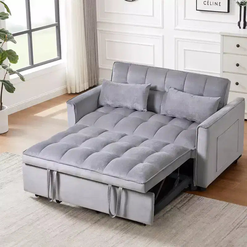 PexFix 3 in 1 Convertible Sleeper Sofa Bed Pull Out Couch Adjustable Backrest Velvet Loveseat Futon Sofa with Pillows for Living Room Apartment Gray