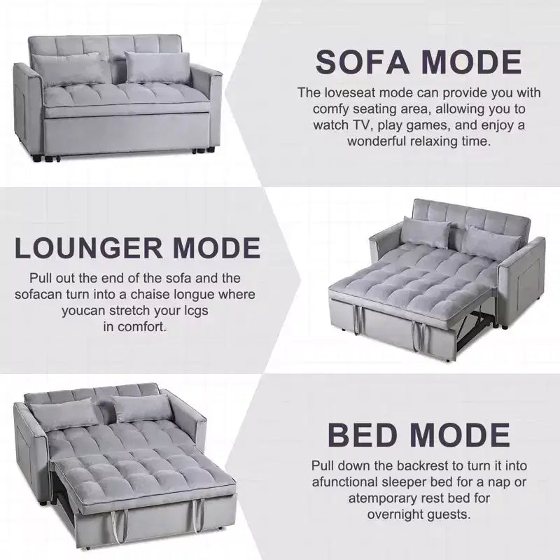 PexFix 3-in-1 Schlafsofa ausziehbarer Couch mit verstellbarer Rückenlehne, Samt-Zweisitzer Futonsofa mit Kissen für Wohnzimmer, Apartment, Grau