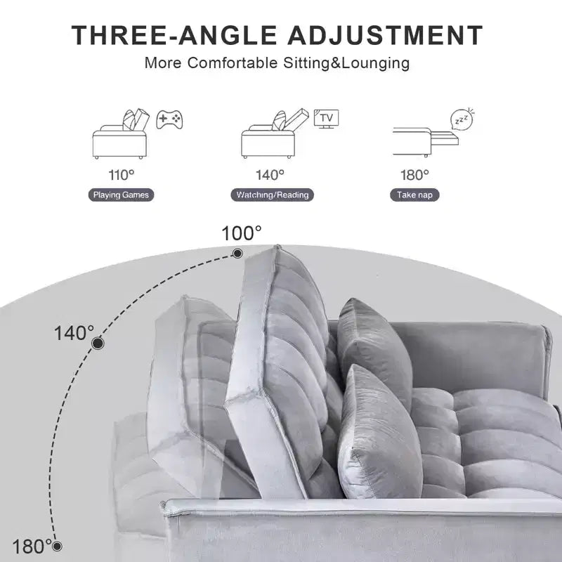 PexFix 3-in-1 Schlafsofa ausziehbarer Couch mit verstellbarer Rückenlehne, Samt-Zweisitzer Futonsofa mit Kissen für Wohnzimmer, Apartment, Grau
