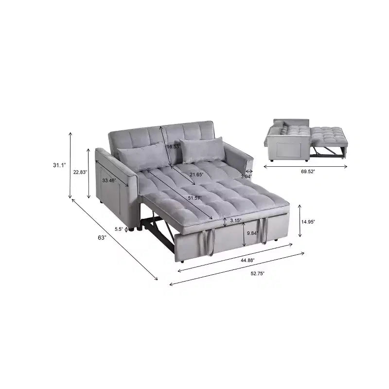 PexFix 3-in-1 Schlafsofa ausziehbarer Couch mit verstellbarer Rückenlehne, Samt-Zweisitzer Futonsofa mit Kissen für Wohnzimmer, Apartment, Grau