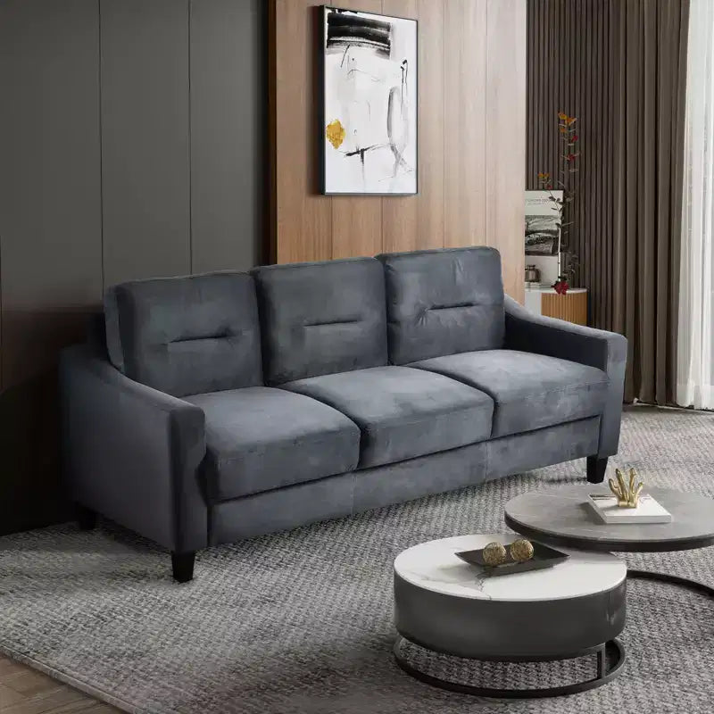 PexFix 3 Seat Sectional Sofa with U-Shaped Spring Links and Solid Wood Frame Mid Century Velvet Upholstered Couch for Living Room Bedroom Office Black