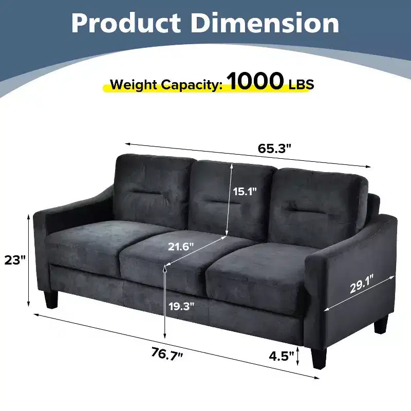 PexFix 3-Sitzer Sektionalsofa mit U-förmiger Federung und Massivholzrahmen, gepolsterte Couch aus Samt im Mid-Century-Stil für Wohnzimmer, Schlafzimmer, Büro, Schwarz