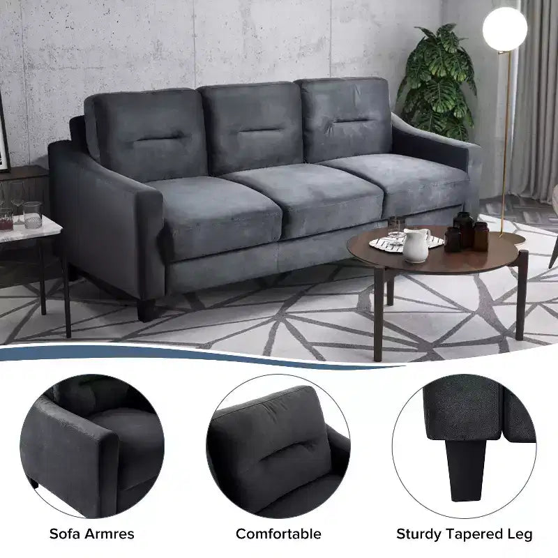 PexFix 3-Sitzer Sektionalsofa mit U-förmiger Federung und Massivholzrahmen, gepolsterte Couch aus Samt im Mid-Century-Stil für Wohnzimmer, Schlafzimmer, Büro, Schwarz