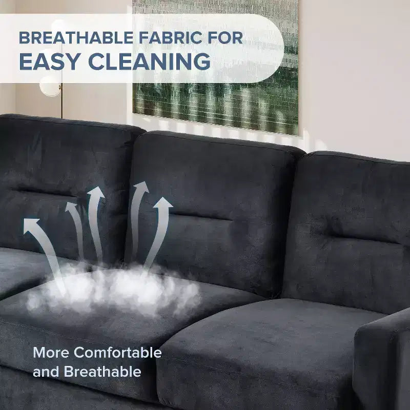 PexFix 3-Sitzer Sektionalsofa mit U-förmiger Federung und Massivholzrahmen, gepolsterte Couch aus Samt im Mid-Century-Stil für Wohnzimmer, Schlafzimmer, Büro, Schwarz