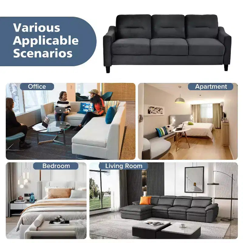 PexFix 3-Sitzer Sektionalsofa mit U-förmiger Federung und Massivholzrahmen, gepolsterte Couch aus Samt im Mid-Century-Stil für Wohnzimmer, Schlafzimmer, Büro, Schwarz