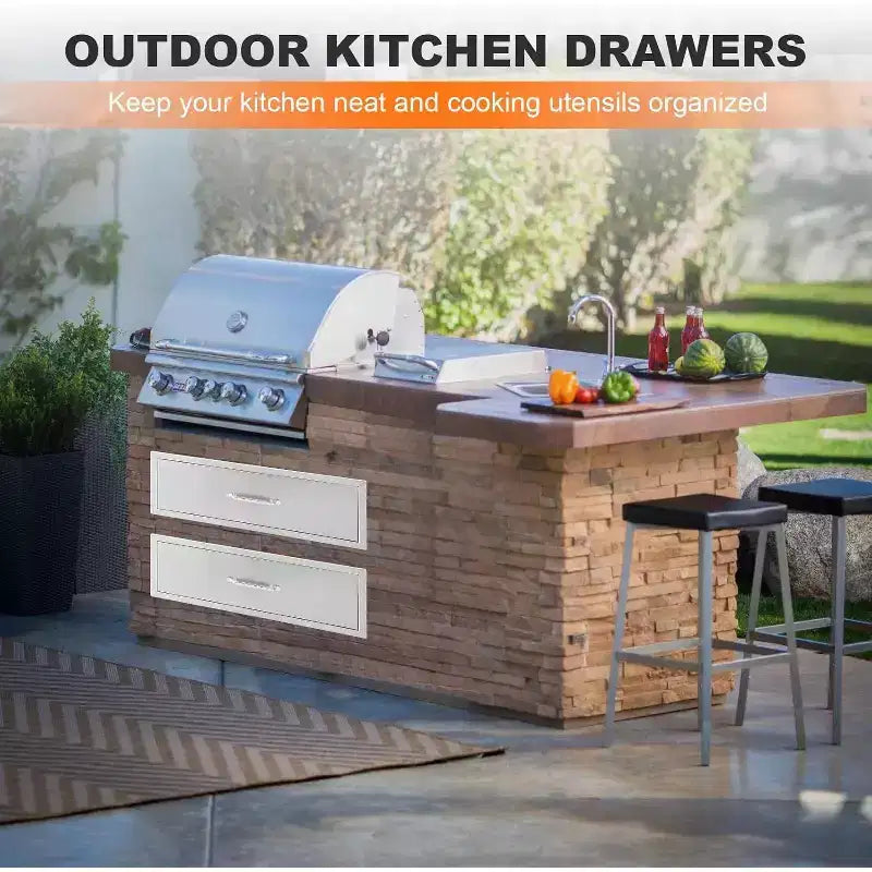 Acekool Outdoor Küchenschublade 30 B x 23 H x 10 T, Edelstahl-Kommode mit 2 Schubladen, Einbau für Grillinsel, Terrassengrillstation, Silber