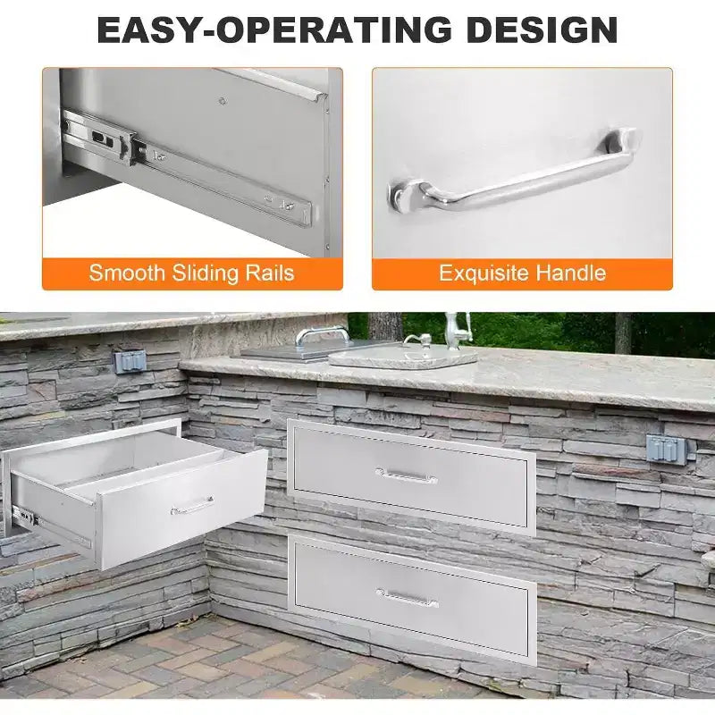 Acekool Outdoor Küchenschublade 30 B x 23 H x 10 T, Edelstahl-Kommode mit 2 Schubladen, Einbau für Grillinsel, Terrassengrillstation, Silber