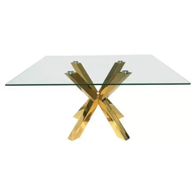 HomeRoots 60 Clear and Gold Glass and Metal Cross Leg Base Square Dining Table
