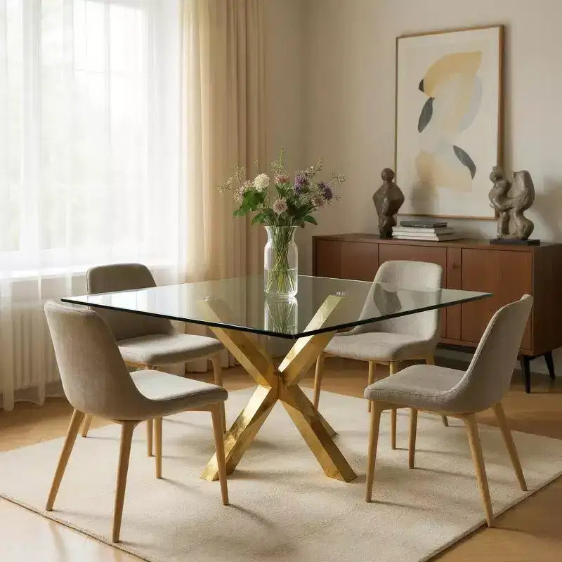 HomeRoots 60 Esszimmertisch mit klarer und goldener Glas- und Metallkreuzfuß-Basis