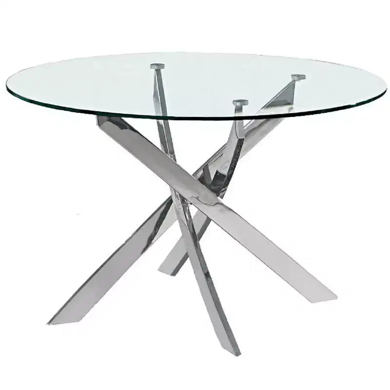 HomeRoots 48 Clear and Silver Glass and Metal Cross Leg Base Round Top Dining Table