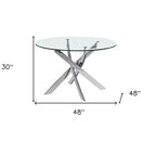 HomeRoots 48 Klarer und Silberner Glas- und Metall-Esstisch mit Kreuzfuß und Runder Platte