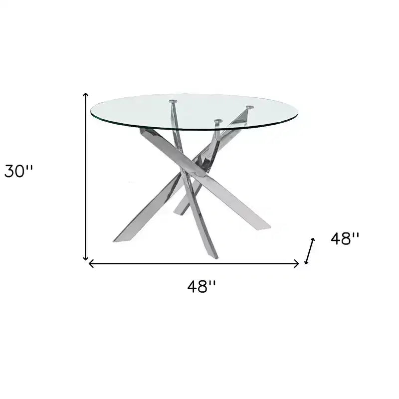HomeRoots 48 Klarer und Silberner Glas- und Metall-Esstisch mit Kreuzfuß und Runder Platte