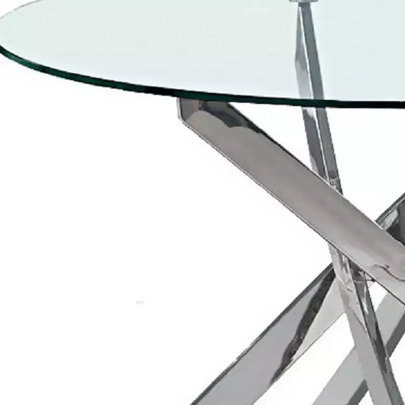 HomeRoots 48 Klarer und Silberner Glas- und Metall-Esstisch mit Kreuzfuß und Runder Platte