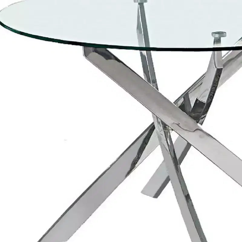 HomeRoots 48 Klarer und Silberner Glas- und Metall-Esstisch mit Kreuzfuß und Runder Platte