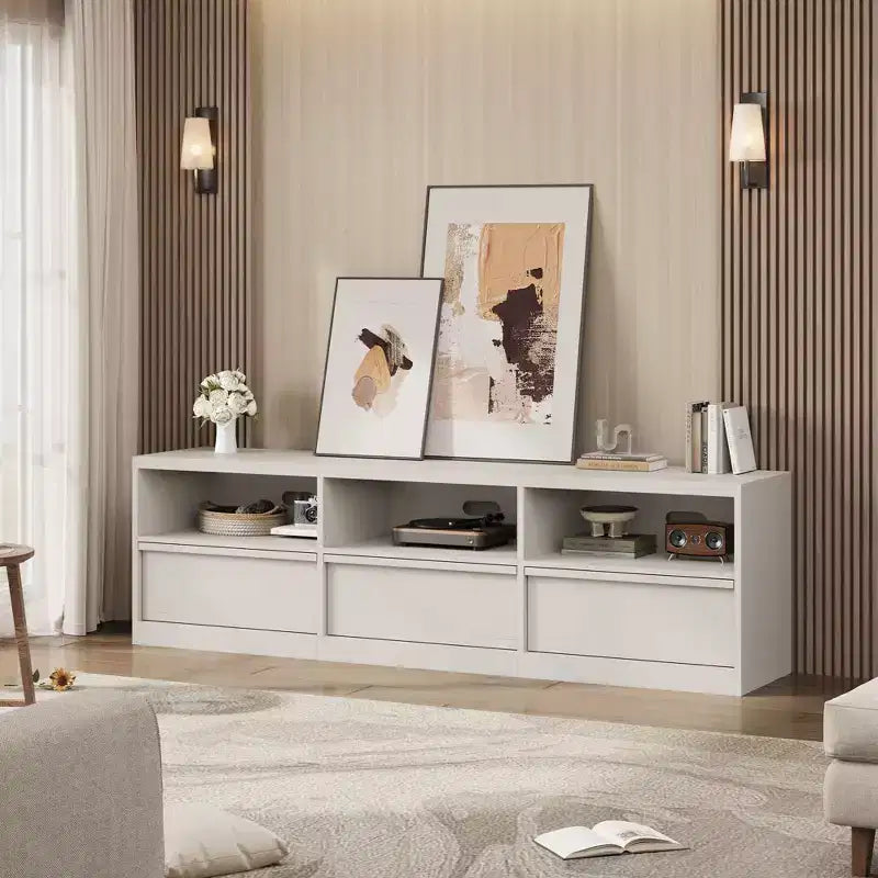 TV-Schrank 70 Zoll für 80-Zoll-TVs, Mid Century Modern mit Schublade und offenen Regalen, Medienkonsole aus Holz für Wohn-/Schlafzimmer, Vintage