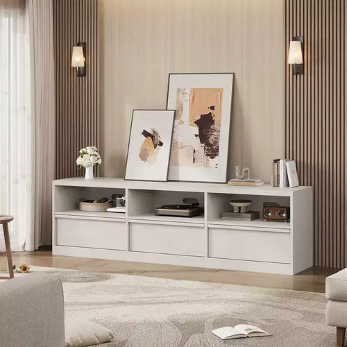 TV-Schrank 70 Zoll für 80-Zoll-TVs, Mid Century Modern mit Schublade und offenen Regalen, Medienkonsole aus Holz für Wohn-/Schlafzimmer, Vintage