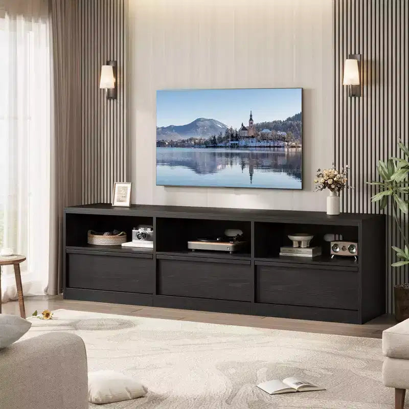 TV-Schrank 70 Zoll für 80-Zoll-TVs, Mid Century Modern mit Schublade und offenen Regalen, Medienkonsole aus Holz für Wohn-/Schlafzimmer, Vintage