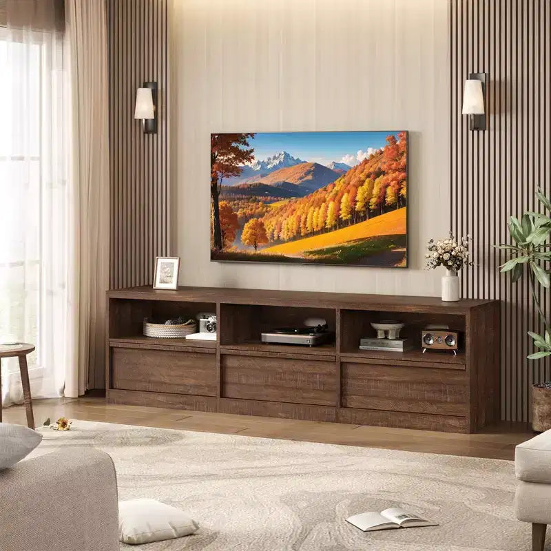 TV-Schrank 70 Zoll für 80-Zoll-TVs, Mid Century Modern mit Schublade und offenen Regalen, Medienkonsole aus Holz für Wohn-/Schlafzimmer, Vintage